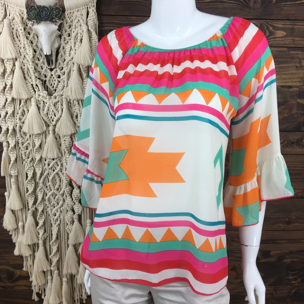 R Rouge | Aztec Sheer Ruffle Bell Sleeve Blouse - Picture 2 of 8
